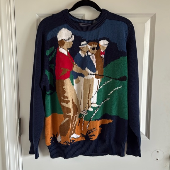 Vintage 90's Hathaway Golf Novelty Sweater Hand Intarsia Knit Navy Size L Crew - Picture 1 of 5